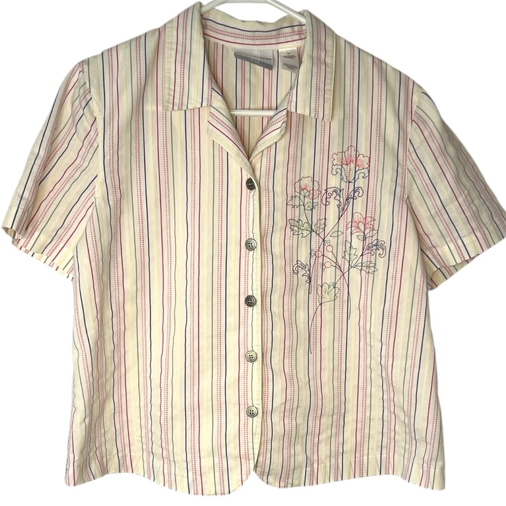Alfred Dunner Striped Cropped Embroidered Floral Button Shortsleeved Top